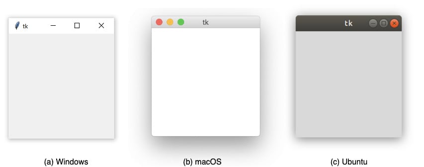 A blank Tkinter application window on Windows 10, macOS, and Ubuntu Linux
