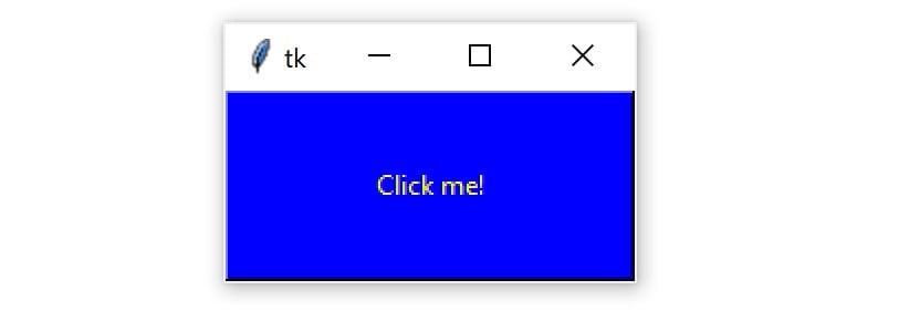 A Tkinter window containing a button with a blue background and yellow text that reads "Click me!"