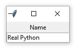 A Tkinter window containing an Entry widget with the text "Real Python"