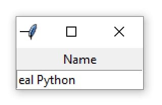 A Tkinter window containing an Entry widget with the text "eal Python"