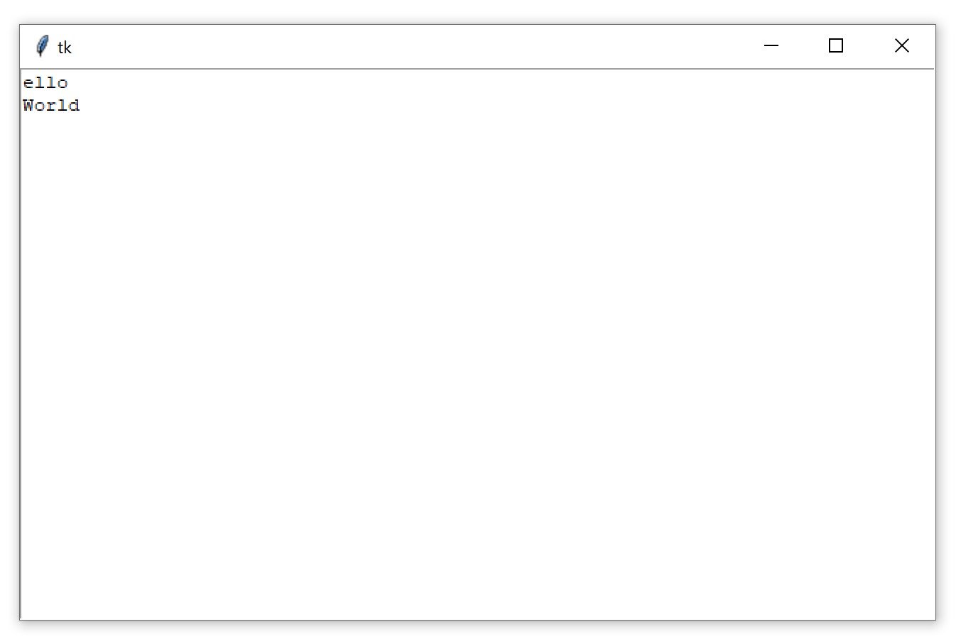 A Tkinter window containing a Text Box widget with the text "ello World"