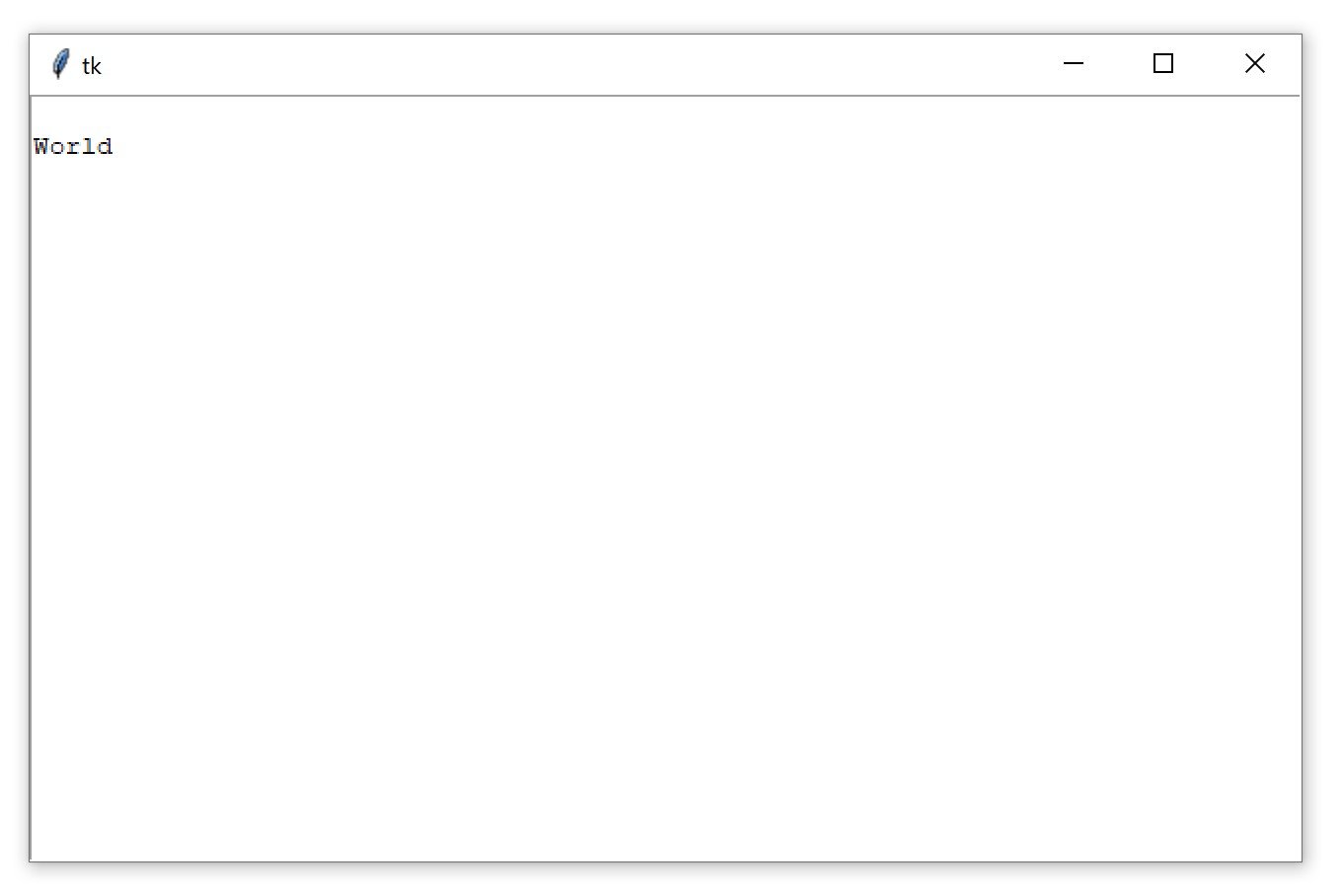 A Tkinter window containing a Text Box widget with a blank first line and the text "World" on the second line