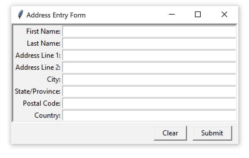 An address entry form window built with Tkinter