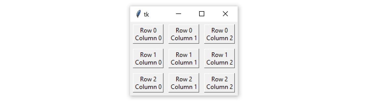 A Tkinter window containing a 3 x 3 grid of Frame widgets with Label widgets packed into them. Each grid cell has 5 pixels of exterior padding.