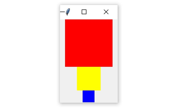 A Tkinter window with three colored squares packed vertically