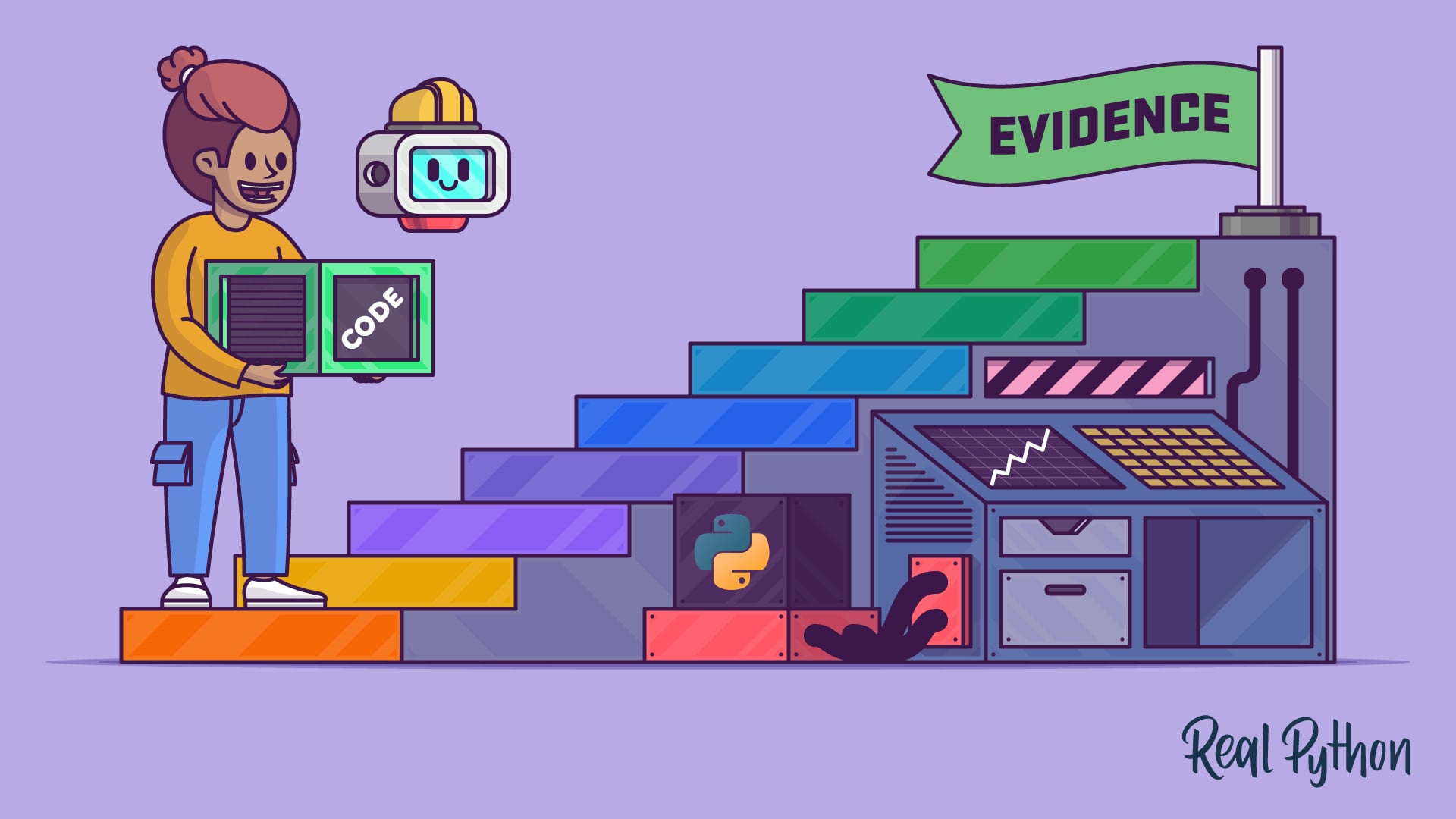 A person holding a screen labeled Code and a small hard-hat robot stand at the foot of a rising staircase of steps that climbs to a machine flying a green Evidence flag, beside a Python logo.