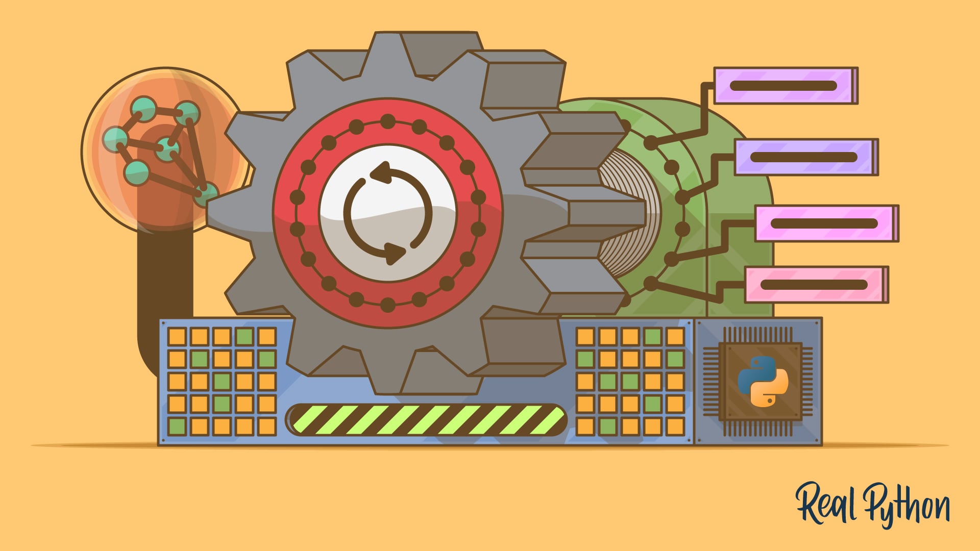 A large gear with recycling arrows at its center, surrounded by a graph network, a processor chip with the Python logo, horizontal bar chart elements, and a yellow grid panel.