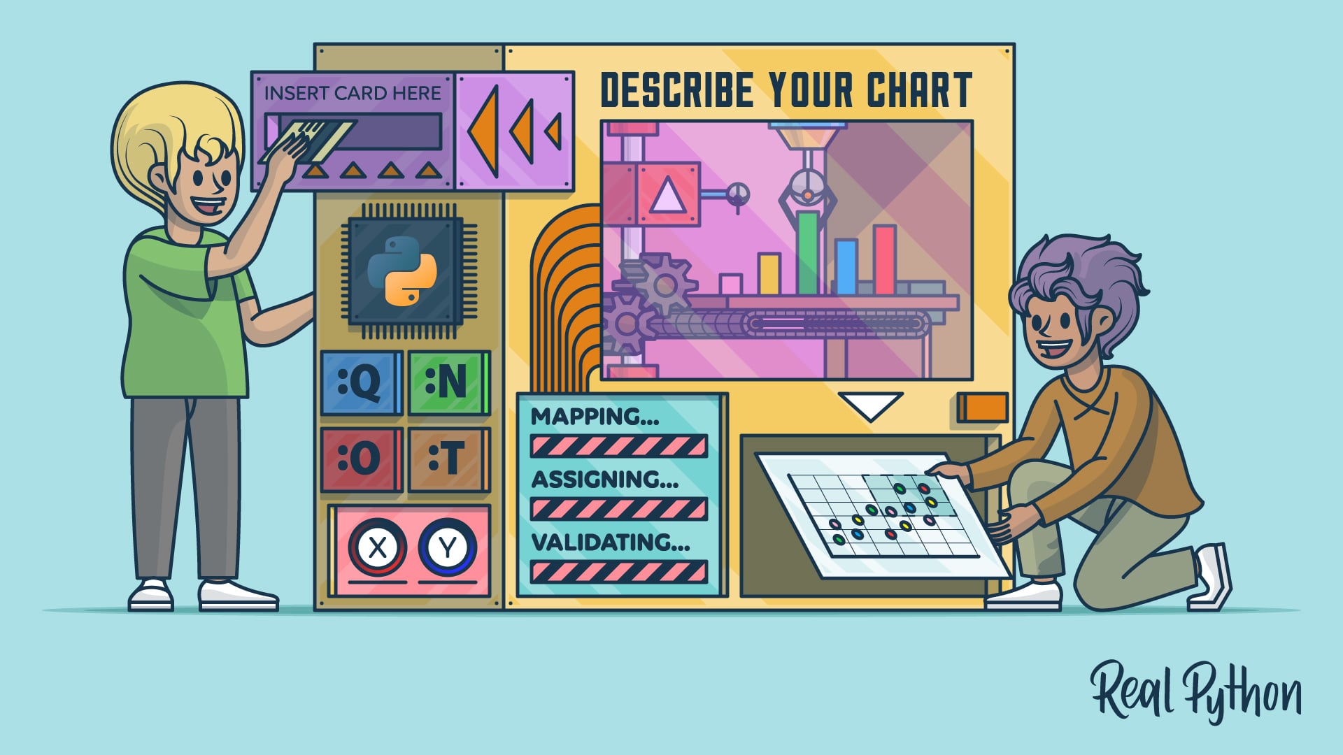 Two people building a chart by inserting cards into a machine labeled Describe Your Chart, with a Python logo, colorful bar charts, and mapping steps displayed.