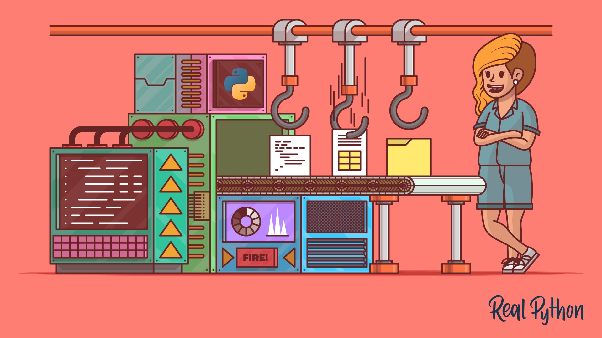 A woman leans against a factory conveyor belt carrying code files and folders, while three overhead hooks lower onto the line beside a machine panel showing the Python logo.