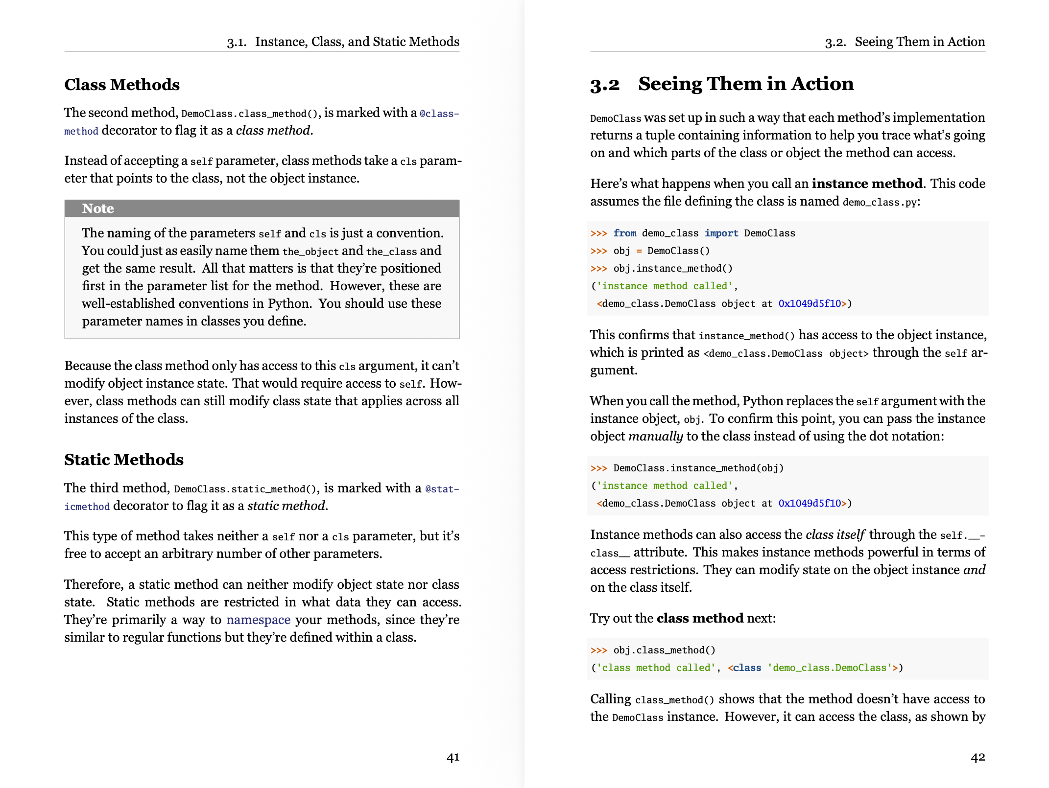 Book page spread from the Methods chapter with a sidebar note box and syntax-highlighted code examples