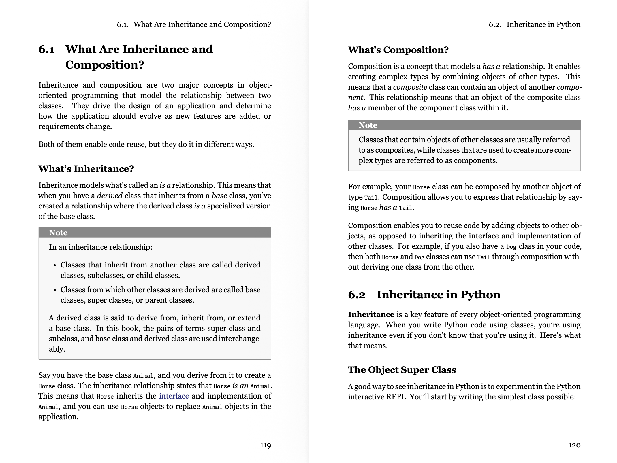 Book page spread from the Inheritance and Composition chapter with clear typography and term definitions