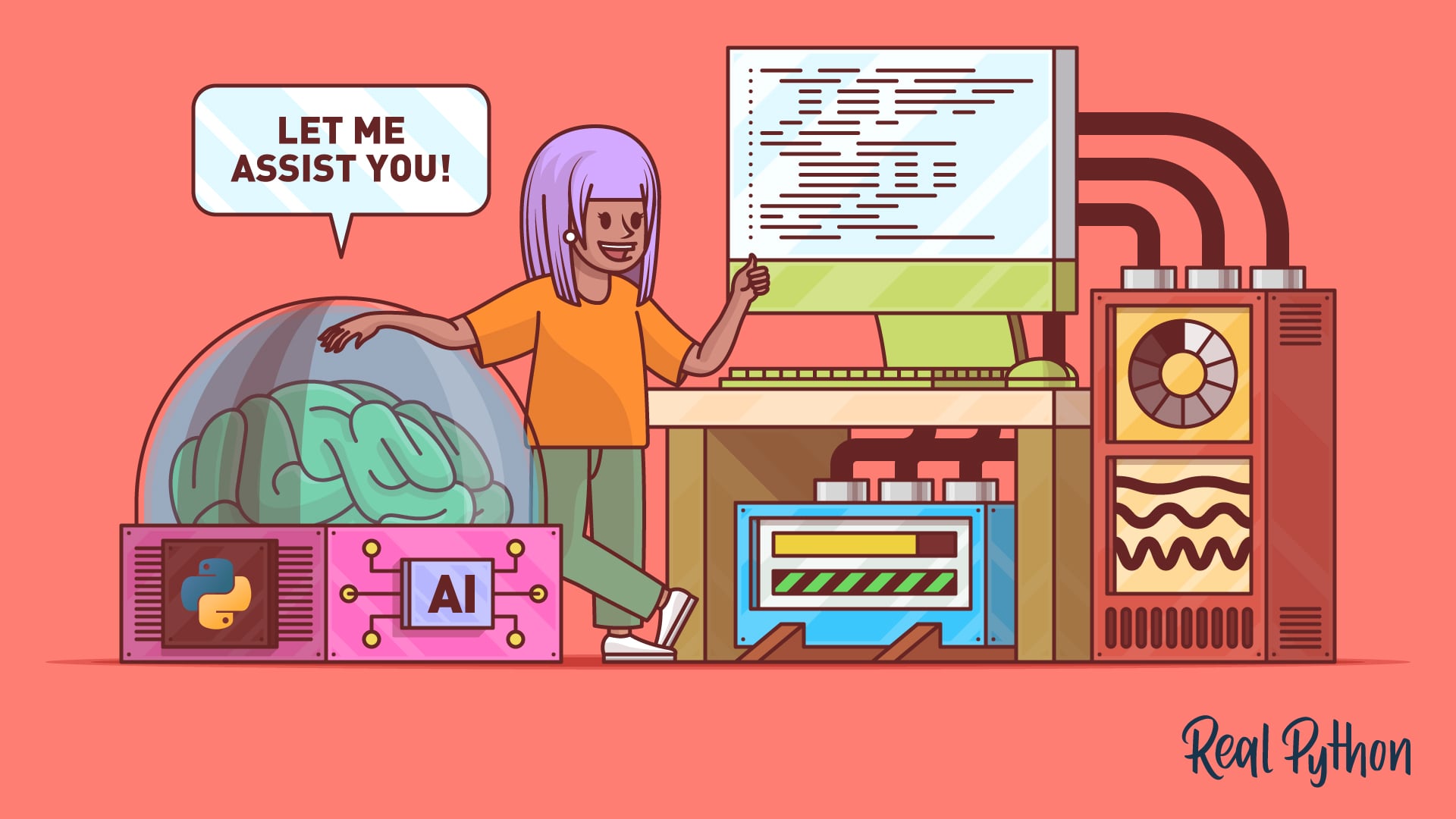 A person standing next to a brain under a dome representing artificial intelligence. The person is relaxed and supervising the AI doing work on the computer.