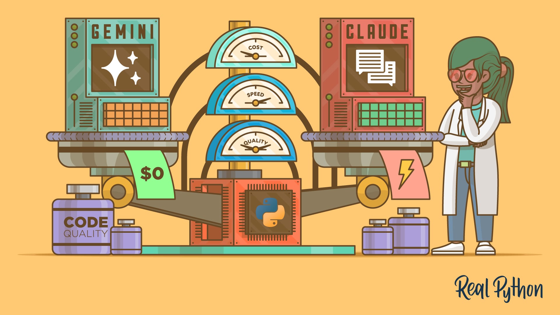 A scientist comparing two coding terminals labeled Gemini and Claude on a balance scale with gauges for cost, speed, and quality, a Python-branded processor, and ink bottles.