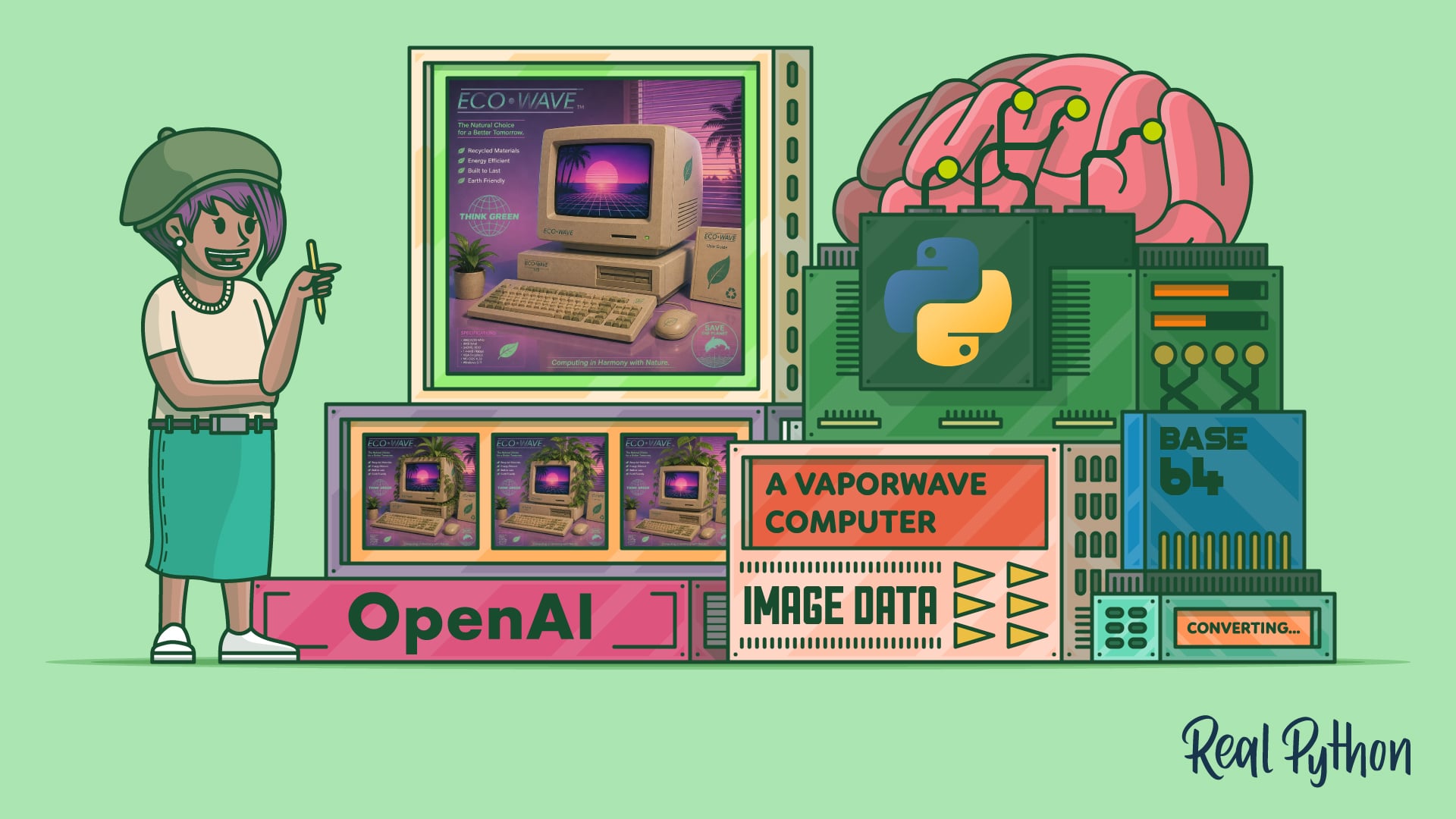 A person holding a pen beside a large machine showing vaporwave-styled retro computer images, with panels labeled OpenAI, image data, and Base64, next to a Python logo chip wired into a brain.