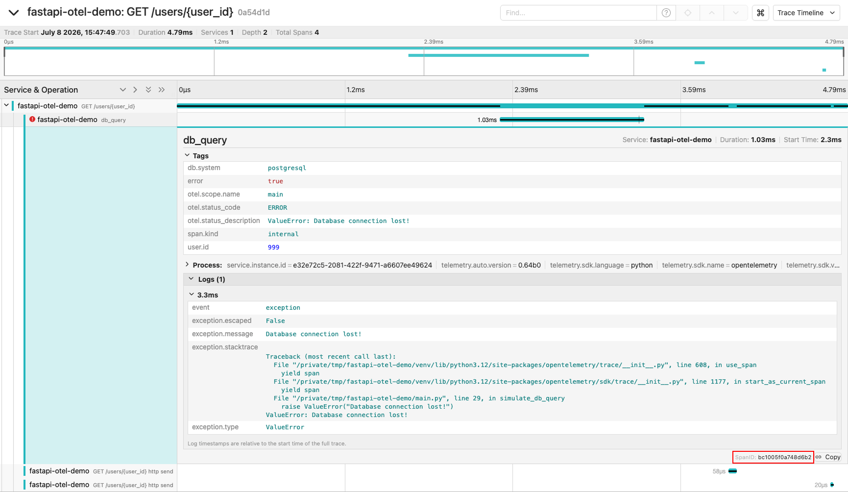 Jaeger UI showing the db_query span with a recorded exception and stack trace