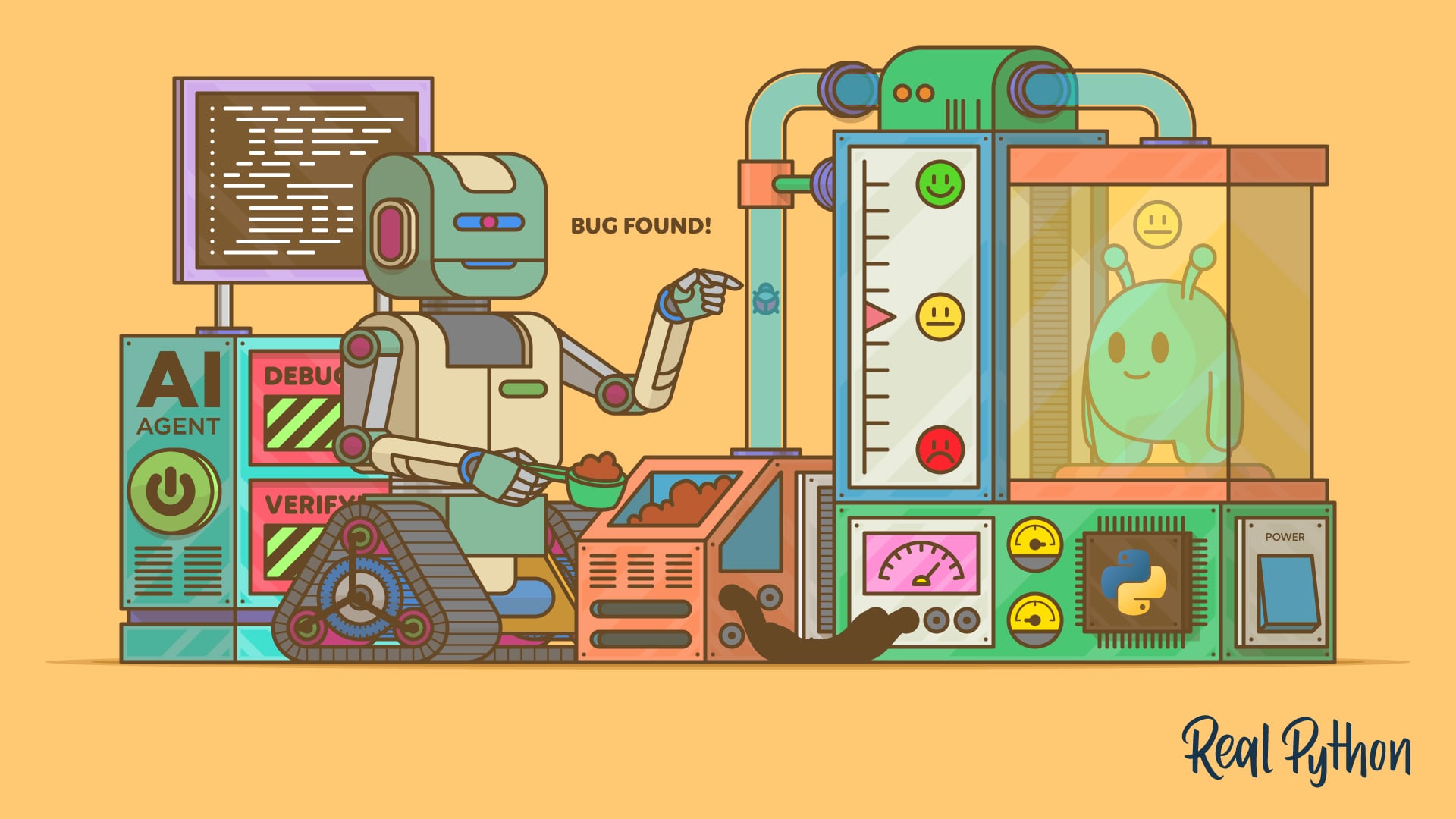 A robot points and says Bug Found beside panels labeled AI Agent, Debug, and Verify, a code screen, a meter of happy-to-sad faces, a Python logo chip, and a green bug creature in a glass case.