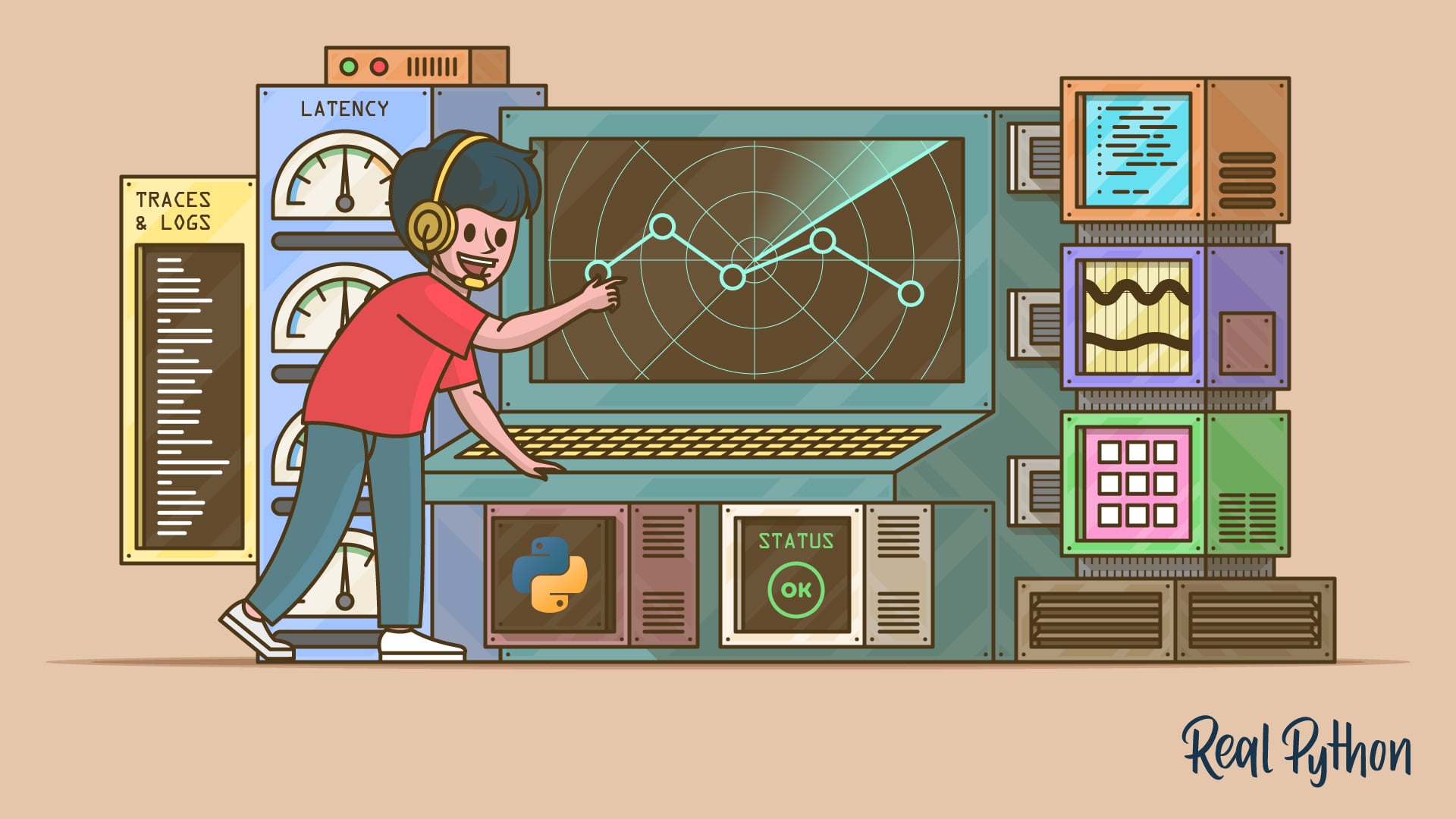 A person wearing headphones points at a mission-control console with a radar graph, gauges labeled Latency, a Traces and Logs panel, a Python logo, and a green Status OK screen.