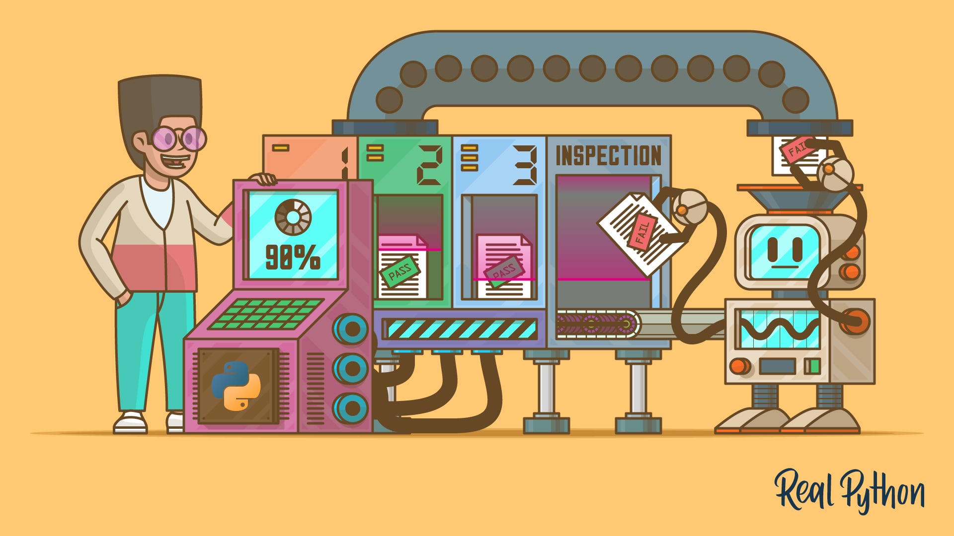 A developer stands beside a Python-powered quality-control line where documents pass through numbered inspection stages, two stamped PASS and one pulled aside as FAIL by a robot, beside a 90% gauge.