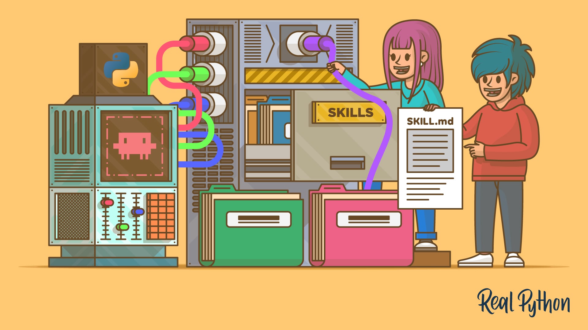 Two people beside a retro computer with a Python logo, cabled into a server cabinet holding a drawer labeled SKILLS, colorful folders, and a large SKILL.md sheet.