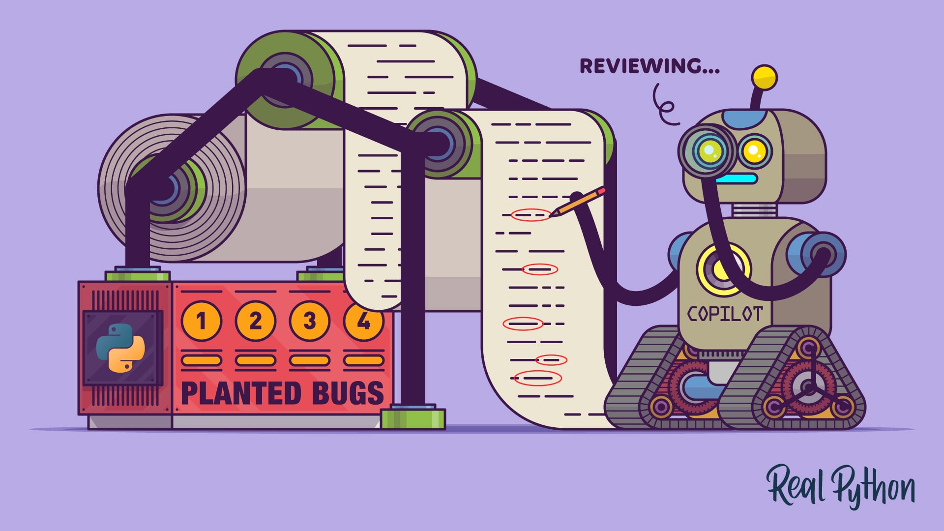 A robot labeled Copilot says "Reviewing..." while marking bugs on a long printout fed from a machine labeled Planted Bugs with a Python logo.