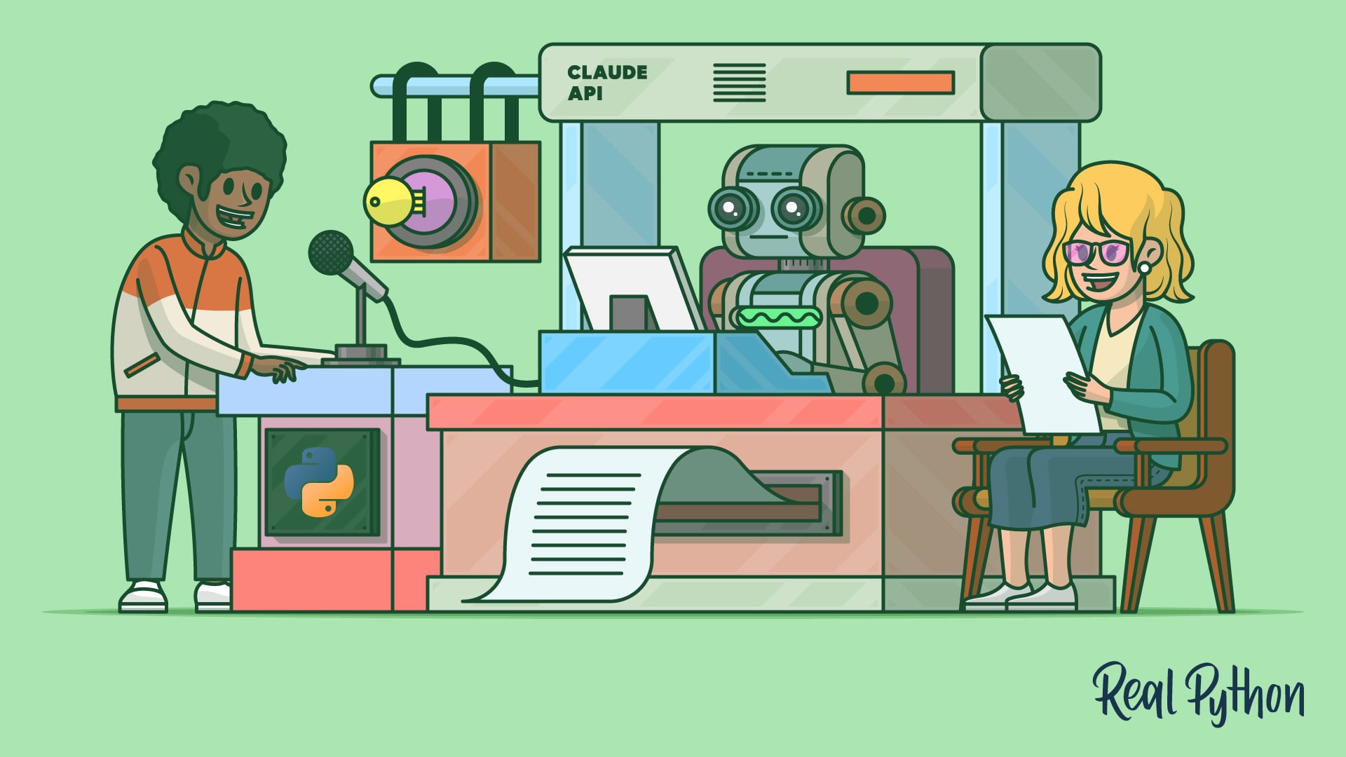 Two people at a service counter labeled Claude API, where a robot behind the window prints out a long paper response, with a Python logo on the counter.