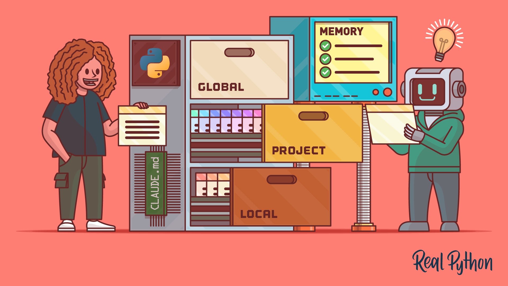 A person and a robot beside a filing cabinet with drawers labeled GLOBAL, PROJECT, and LOCAL, next to a Python logo, a CLAUDE.md tag, and a screen labeled MEMORY with checklist items.