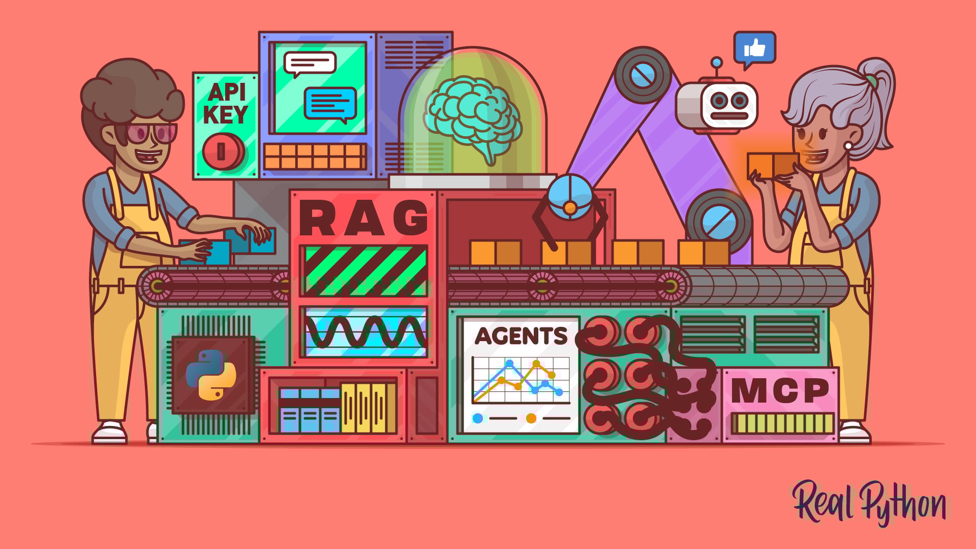 Two people operating a large machine with conveyor belts and panels labeled RAG, Agents, and MCP, alongside a robotic arm, a Python logo, and API key icons.