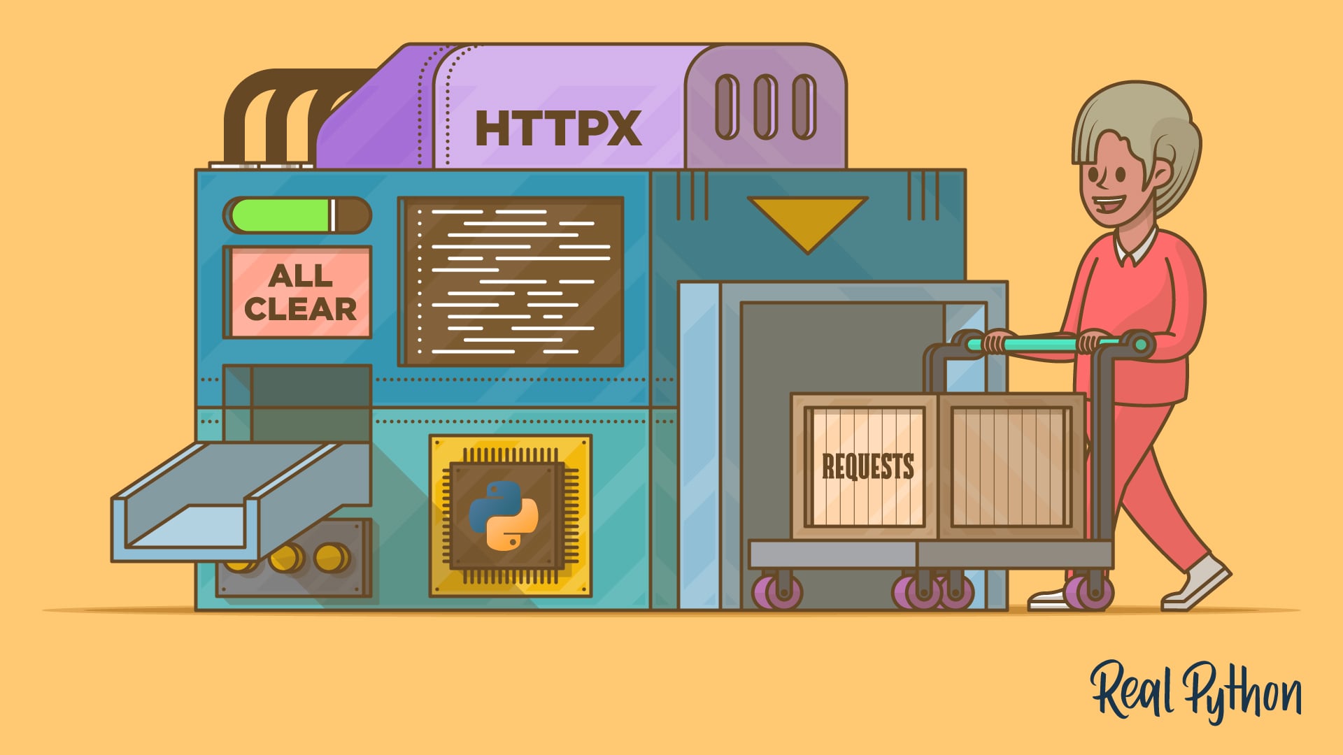 A person pushing a cart of crates labeled Requests into a large machine labeled HTTPX, which has an All Clear sign, a code screen, and a Python chip.