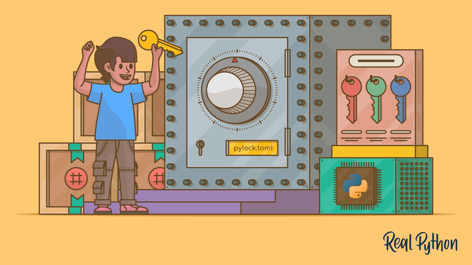 A person triumphantly raises a key in front of a vault labeled pylock.toml, with a rack of colored keys, wooden crates marked with hashes, and a Python chip alongside.