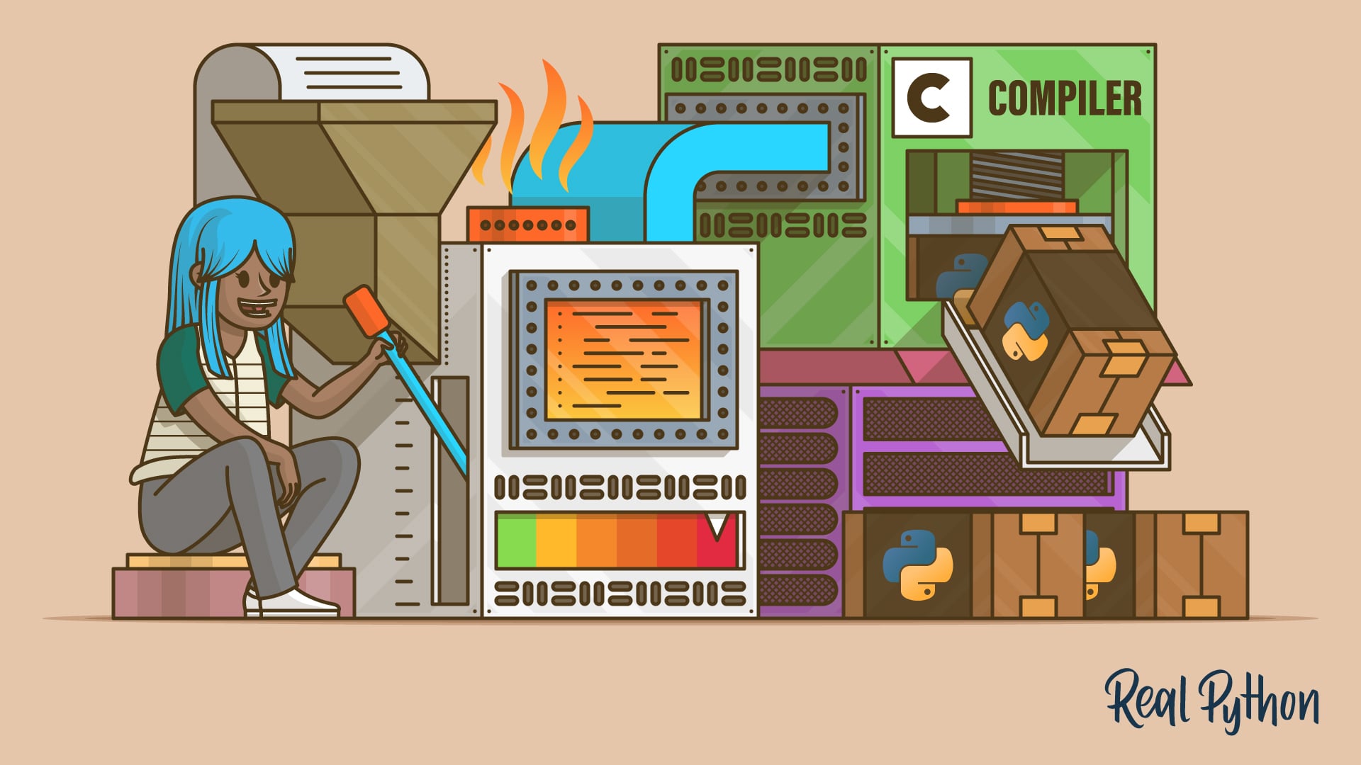 A person pulling a lever on a large machine that feeds a script through a hopper into a C compiler, which outputs packaged boxes stamped with the Python logo.