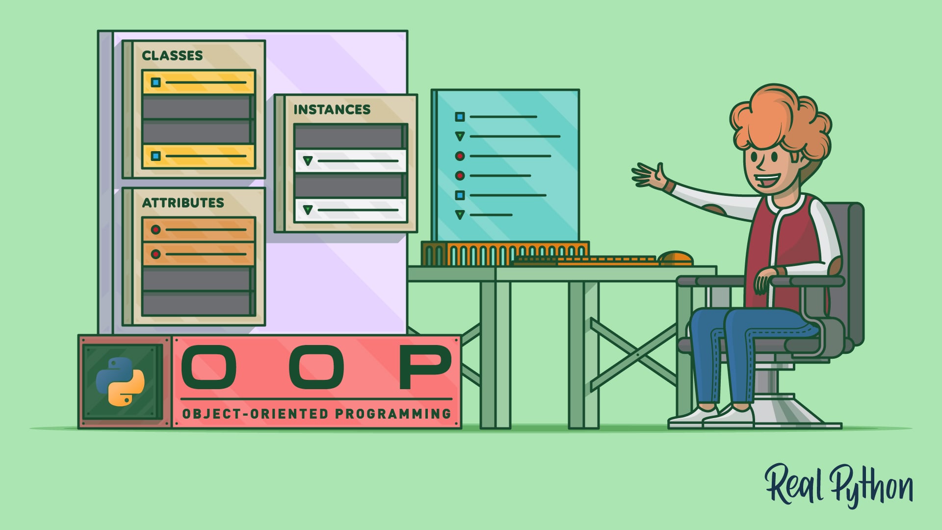 A person looking at objects and concepts of object-oriented programming feeling happy that they're grasping the fundamentals.