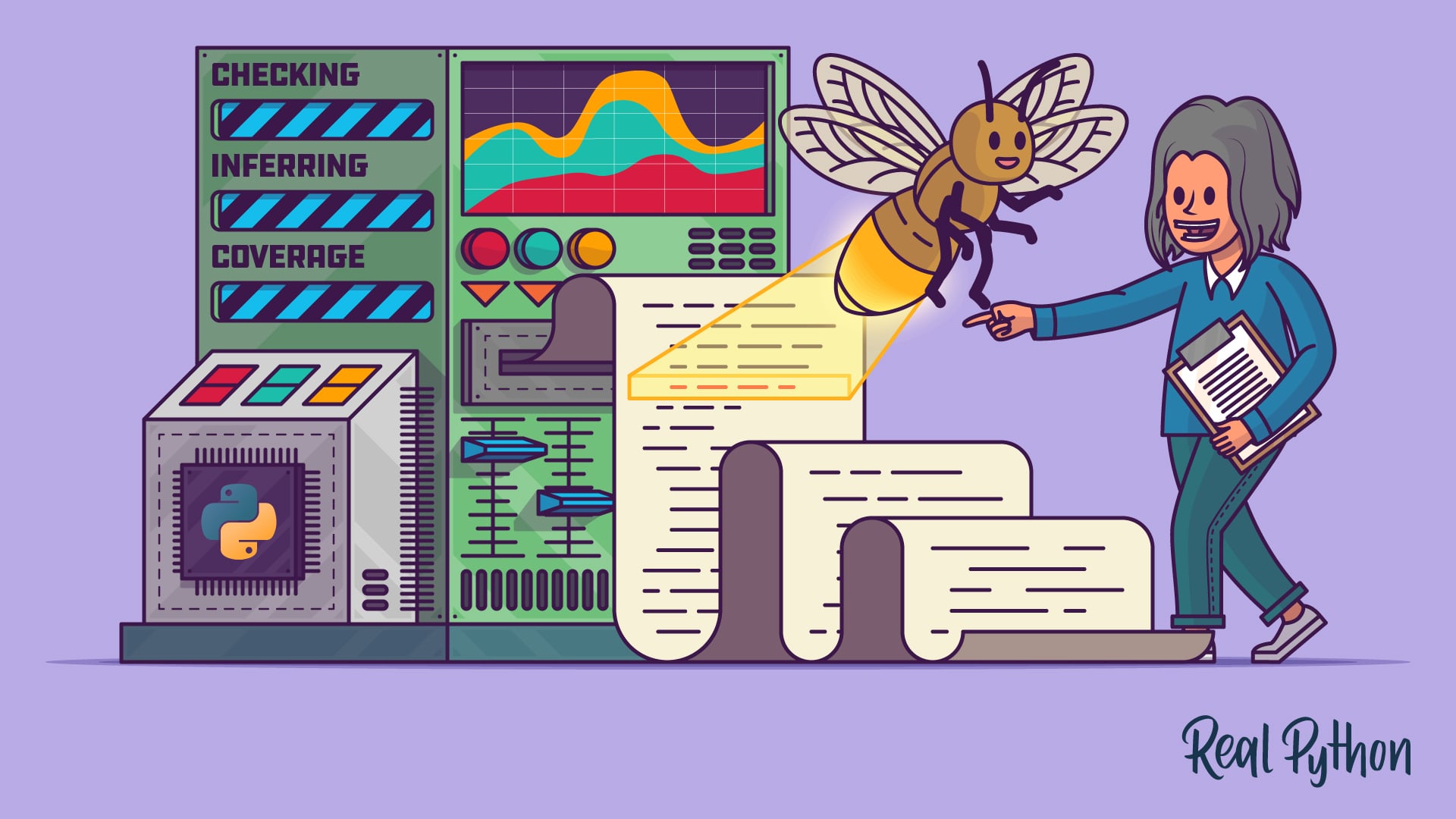 A glowing bee highlights a line on a long printout from a machine with Checking, Inferring, and Coverage gauges, while a person with a clipboard points at it.