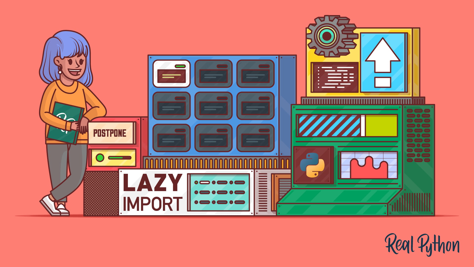 A person sliding a drawer labeled POSTPONE into a large machine with a LAZY IMPORT panel, stacks of unlit module cards, a Python logo, and an upward arrow.