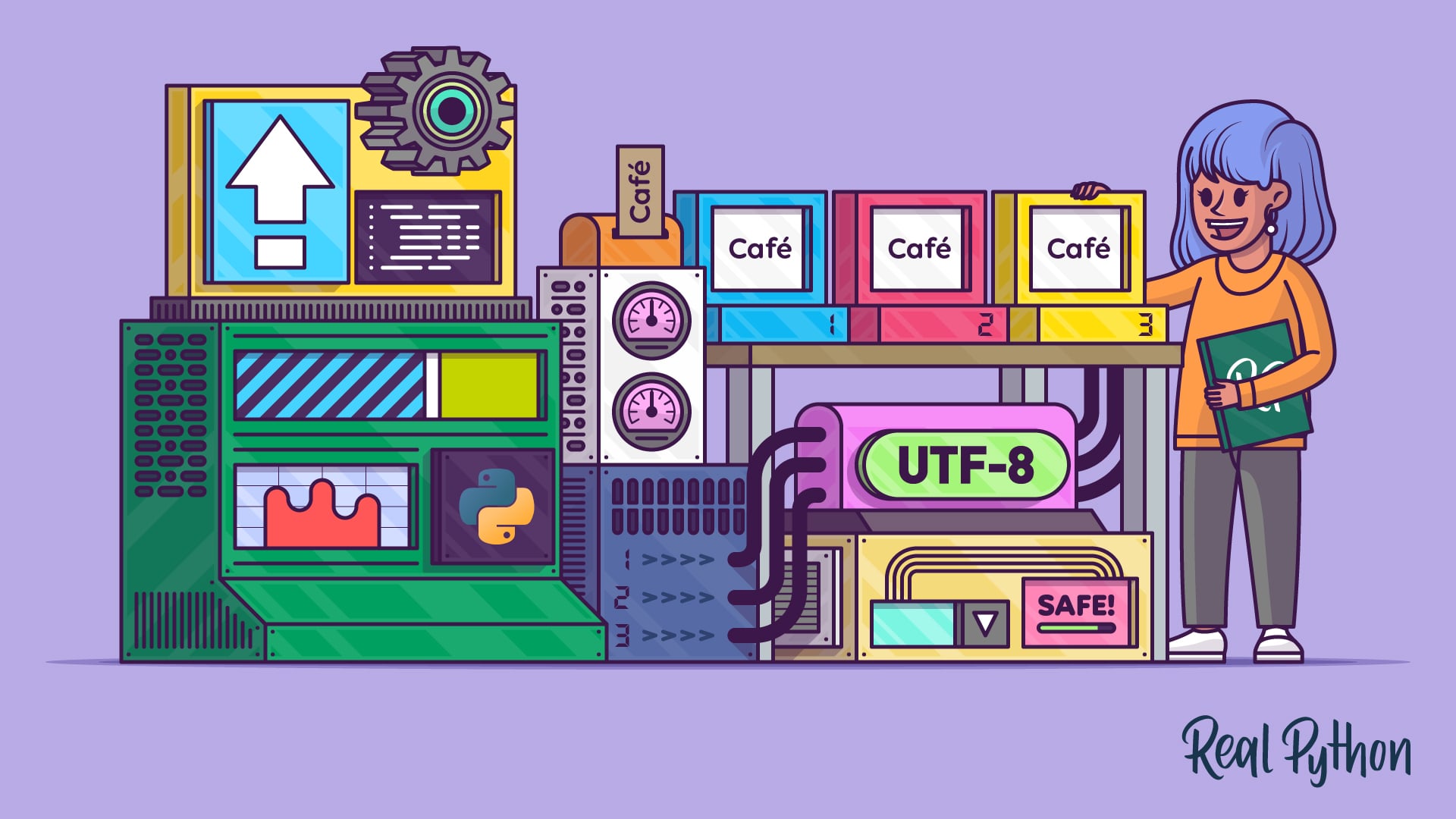 A person places the third of three identical Café cards onto a numbered rack beside a machine with gauges, a Python logo, and panels labeled UTF-8 and SAFE.