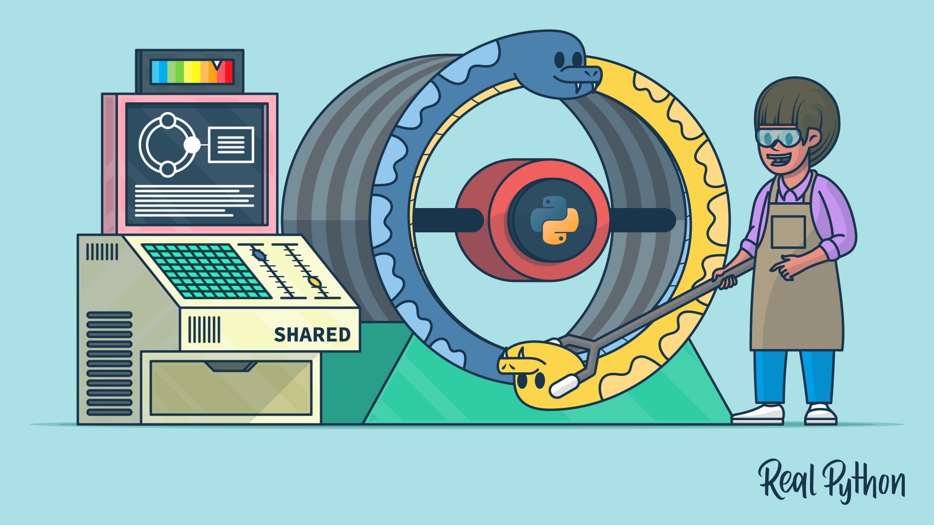 A person in goggles uses a snake tong on one of two snakes biting each other's tails in a loop around a Python logo, next to a computer console labeled Shared.