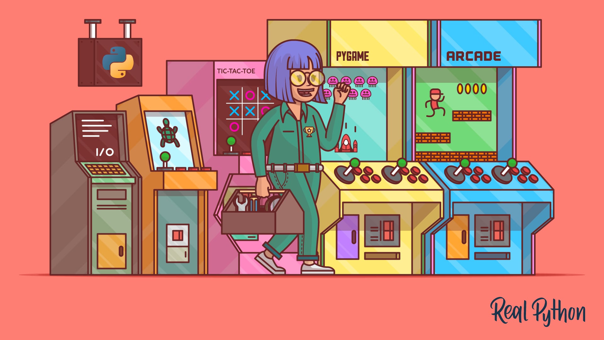 A person standing in a retro arcade with cabinets labeled Tic-Tac-Toe, Pygame, and Arcade, holding a toolbox next to joystick and button panels.