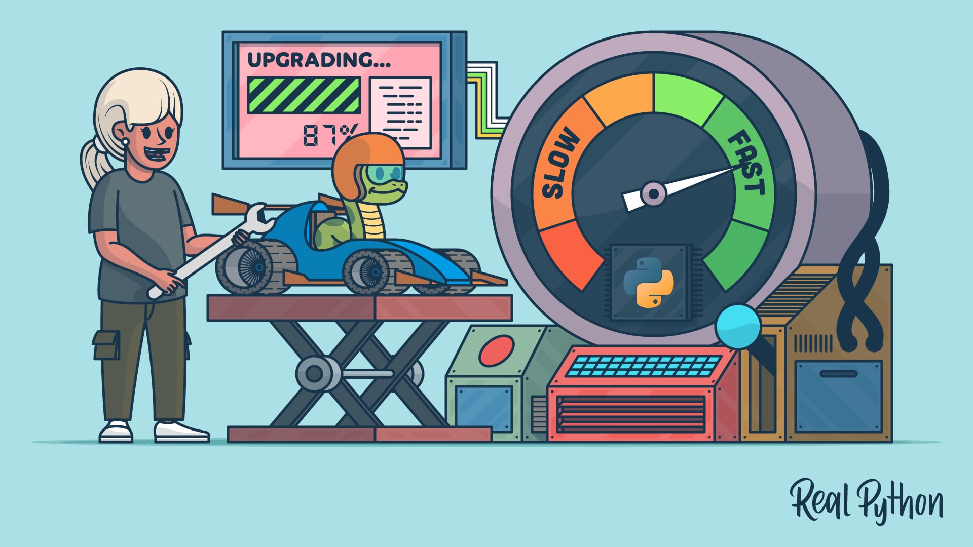 A mechanic with a wrench tuning a race car driven by a snake in a helmet, beside a large gauge sweeping from slow to fast over a Python chip.