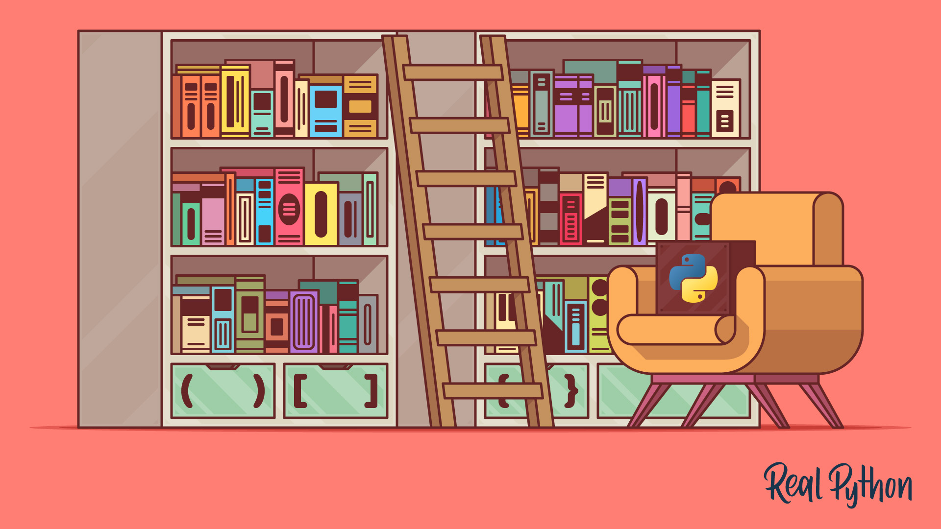 A tall bookshelf filled with colorful books and a rolling ladder, next to a cozy armchair holding a tablet with the Python logo.