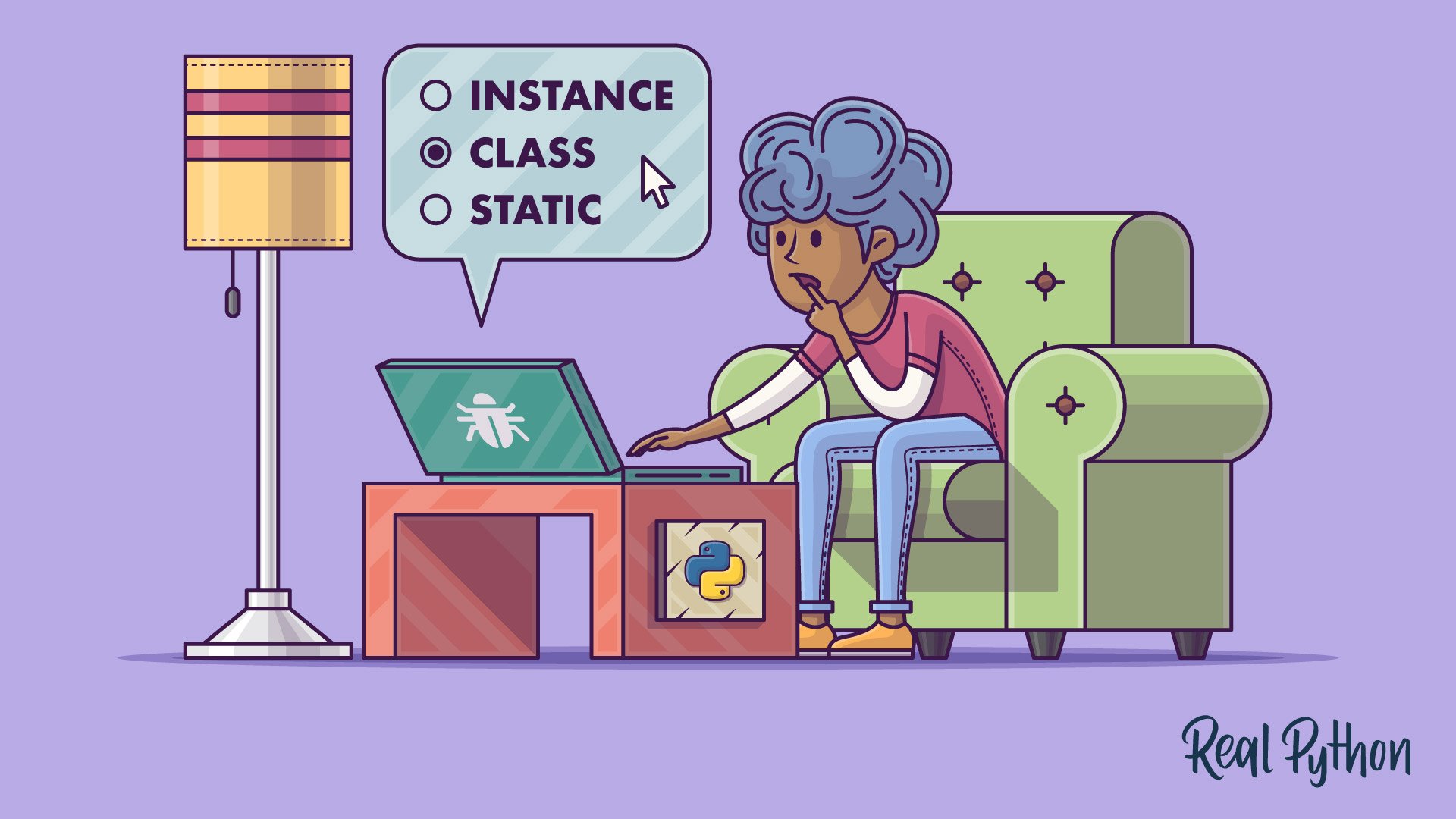 Title image for OOP Method Types in Python: @classmethod vs @staticmethod vs Instance Methods (Python classmethods, staticmethods, and instance methods)