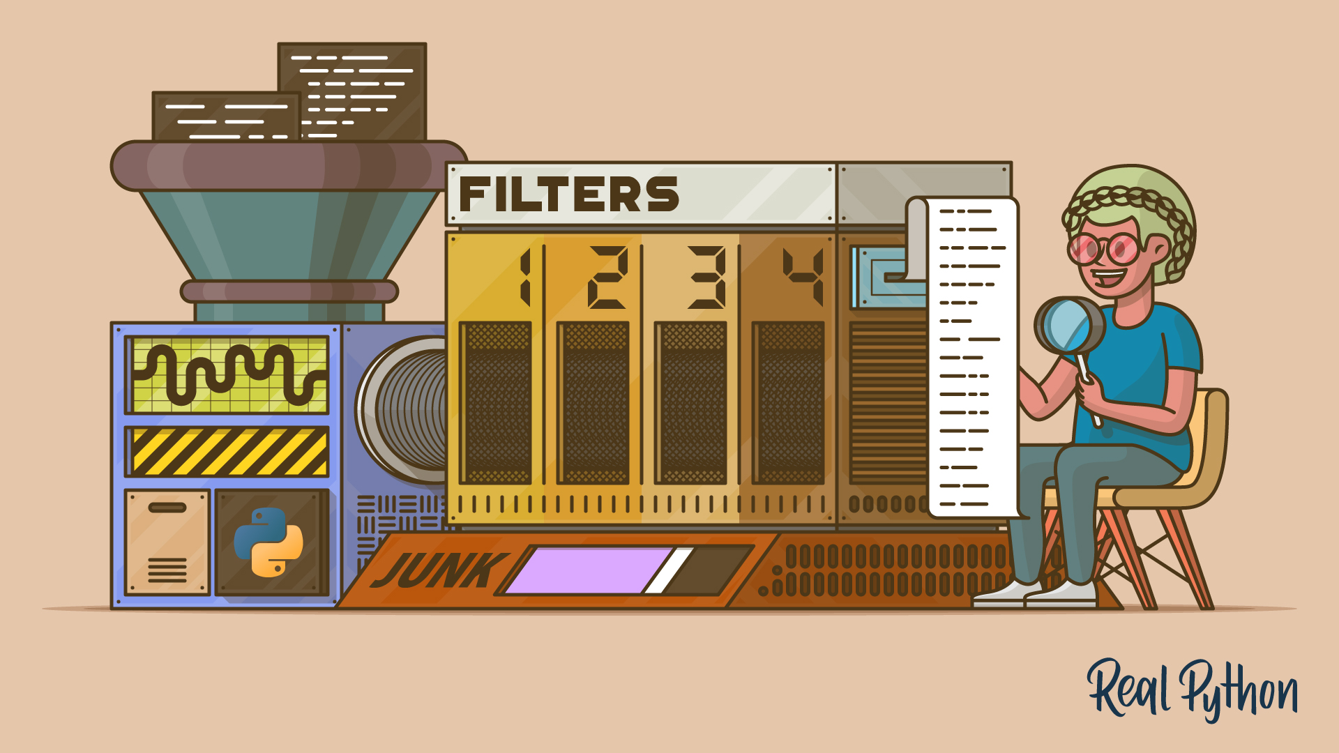 Title image for How to Review AI-Generated Python Code Efficiently (A person seated with a magnifying glass inspects a long code printout beside a machine that feeds code through numbered filters into a junk tray, with a Python logo on its panel.)