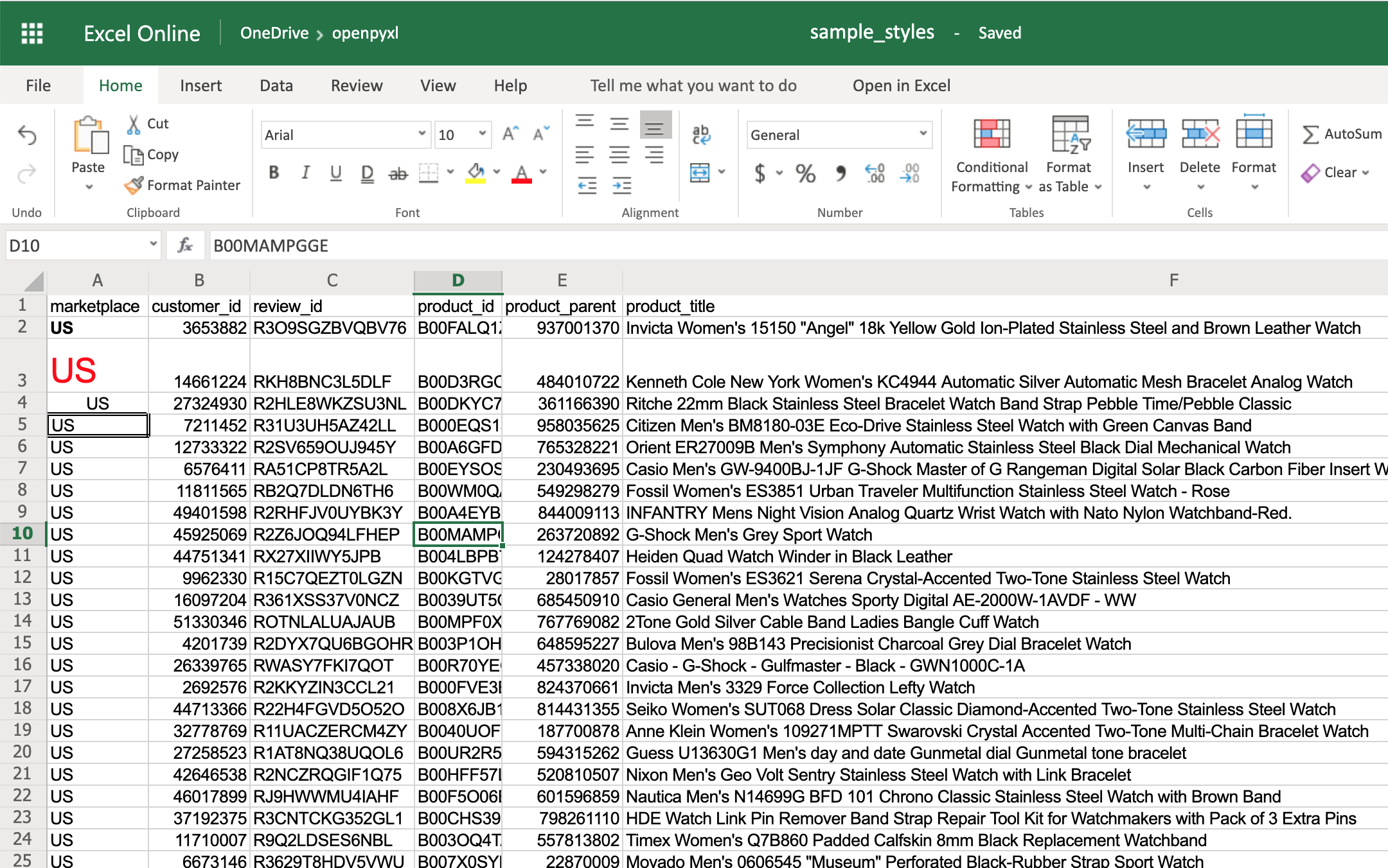 Example Spreadsheet With Simple Cell Styles