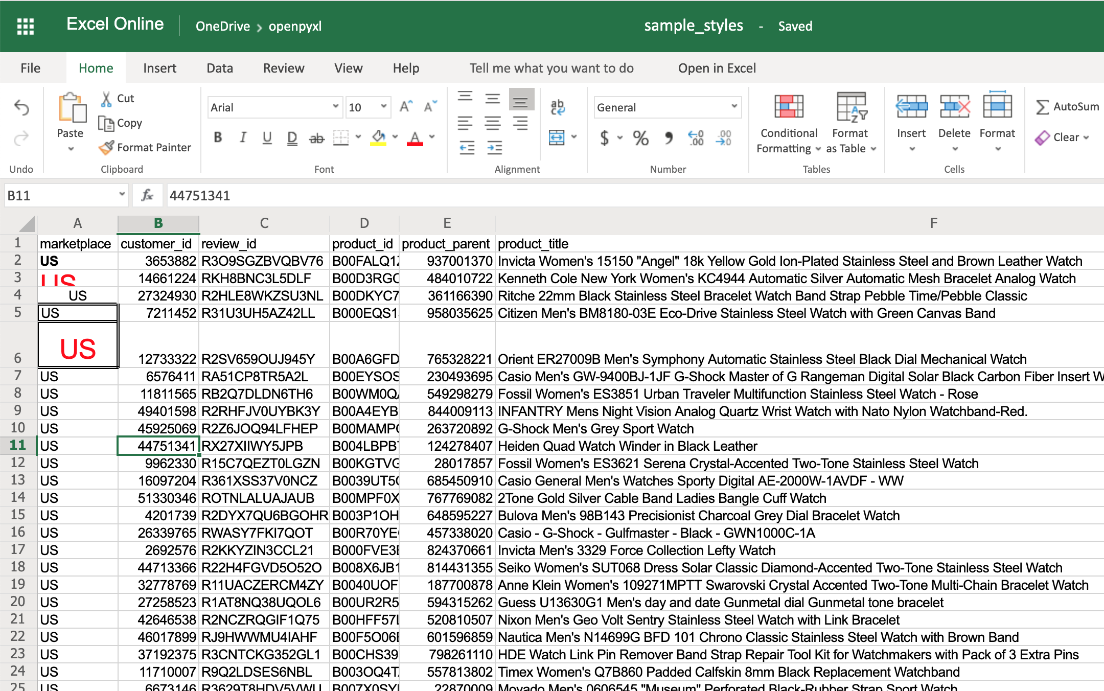 Example Spreadsheet With Coupled Cell Styles