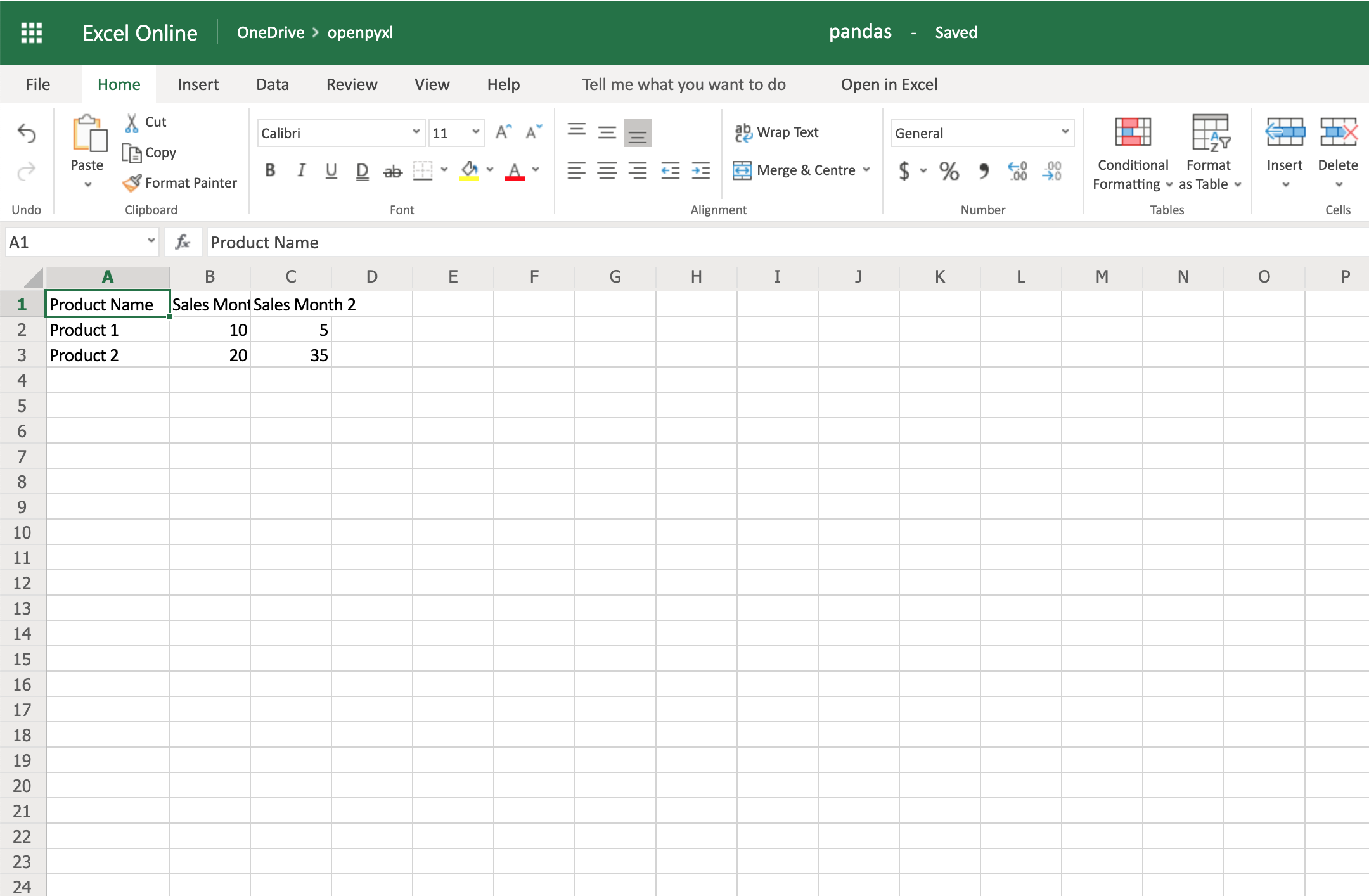 Example Spreadsheet With Data from Pandas Data Frame