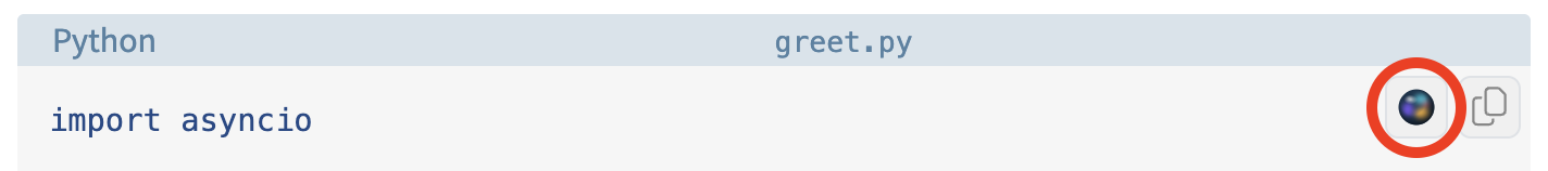 The mentor interaction button on a code block, highlighted in a red circle