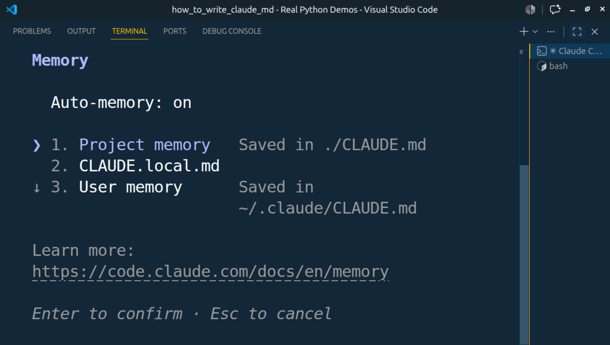 A screenshot showing the use of the Claude Code /memory command