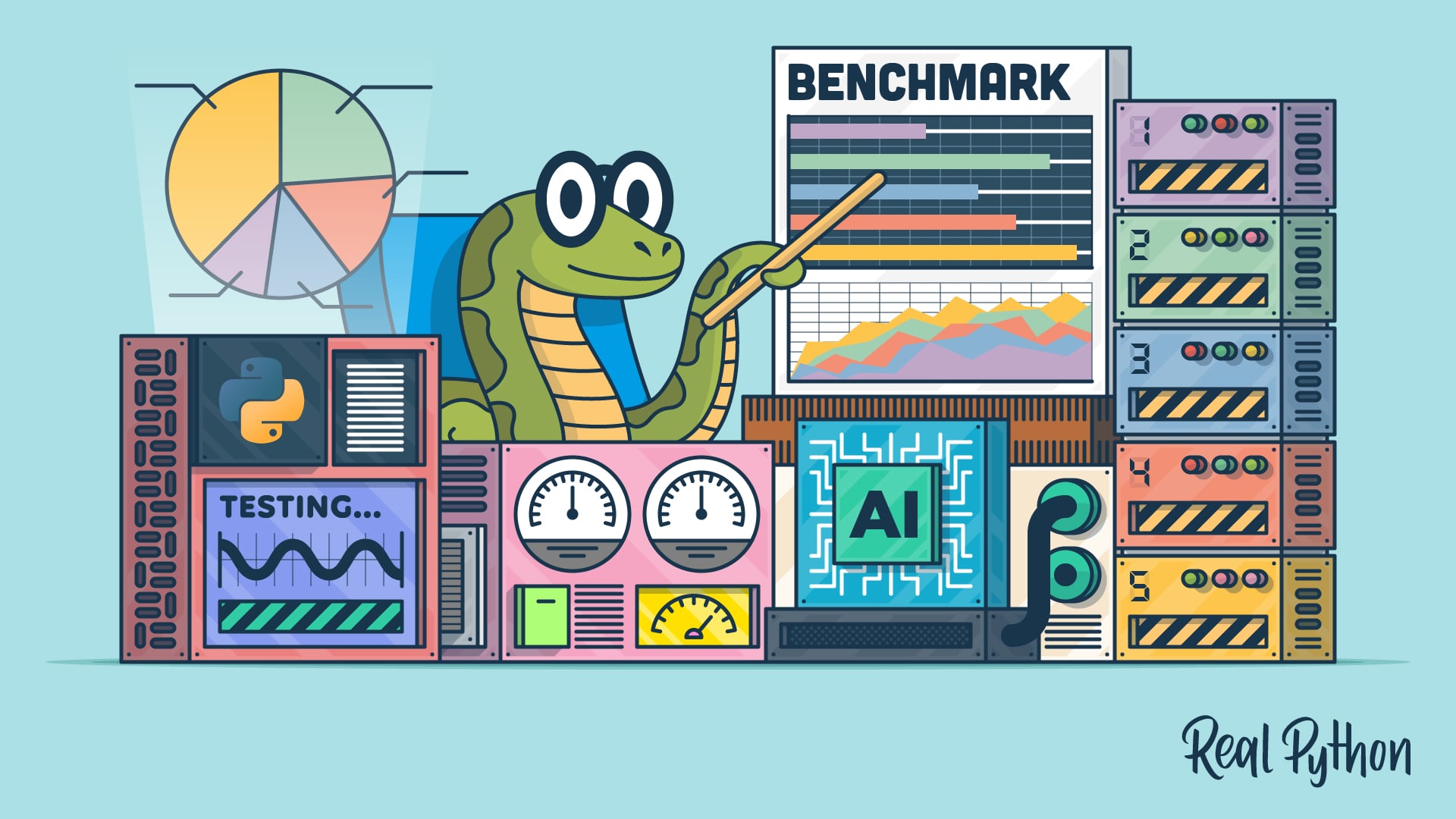 A cartoon python wearing glasses points to a benchmark chart beside racks of testing equipment, gauges, an AI chip, and a Python logo.