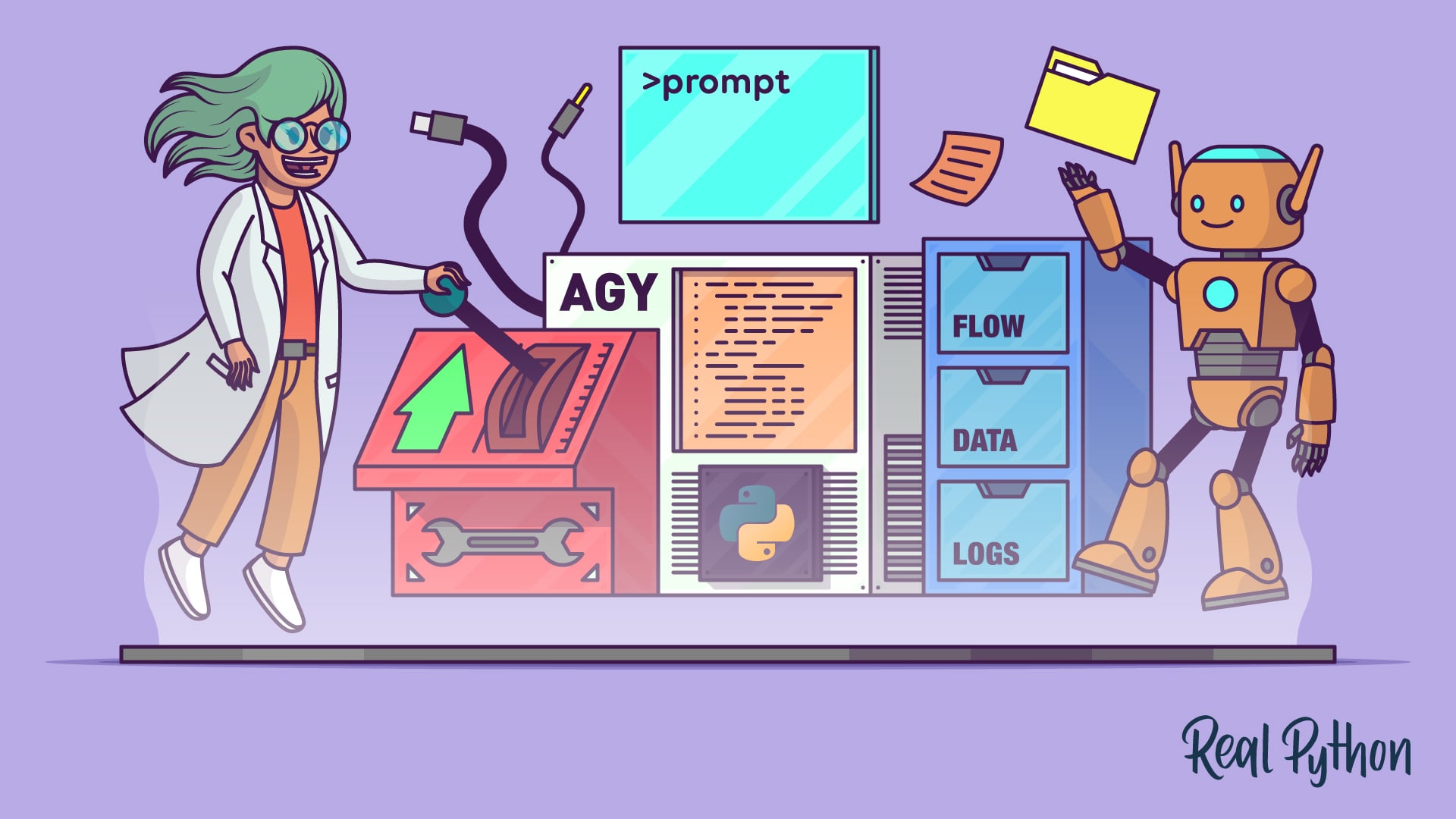 A floating scientist in a lab coat operates a control panel with a lever, a terminal screen reading prompt, a Python logo, and drawers labeled FLOW, DATA, and LOGS, beside a waving robot.
