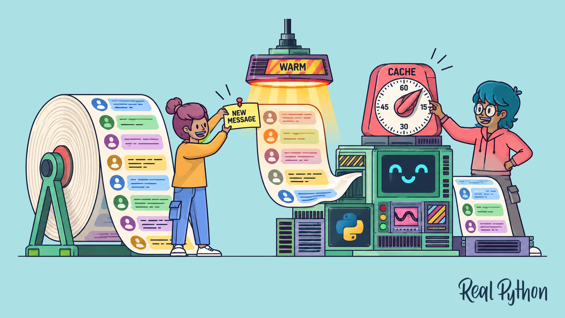 A long scroll of chat messages feeds into a reading machine. A NEW MESSAGE note is pinned on, the newest part glows under a WARM lamp, and a timer reads CACHE.
