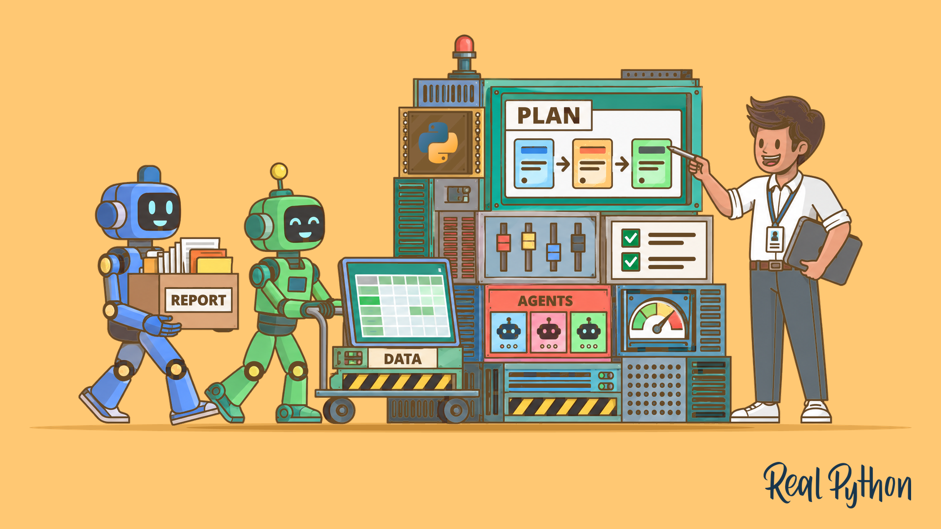 Two robots bring a REPORT box and a DATA cart toward a professional with a lanyard who points at a PLAN screen on a retro tower with an AGENTS panel.
