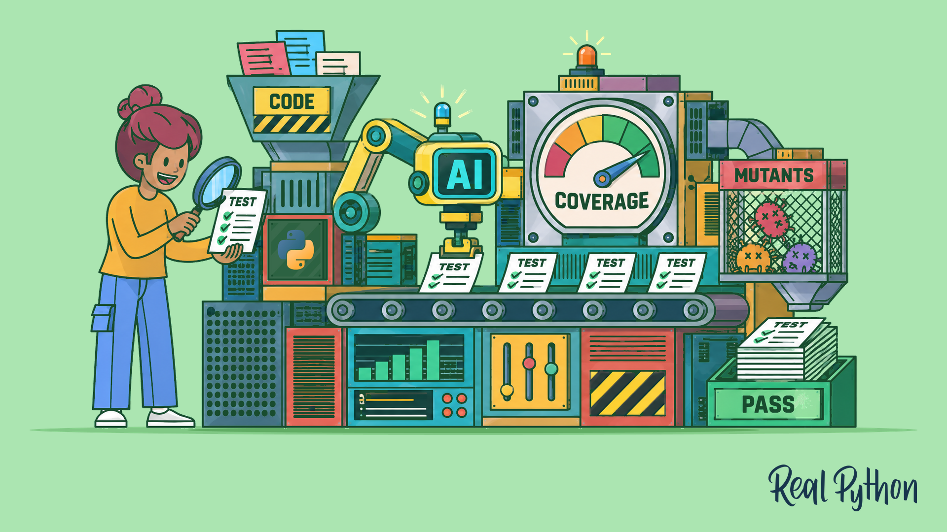 A person checks a test sheet beside a machine that feeds code past an AI arm, a coverage gauge, and a mutants cage into a tray of passing tests.